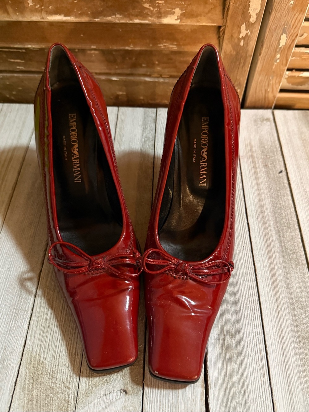 Emporio Armani Cherry Red Patent Leather Square-Toe Pumps with Bow